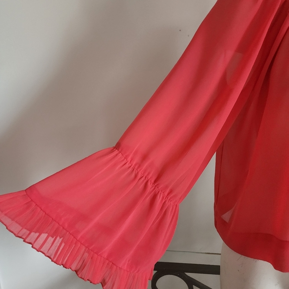 Wendy Katlen Sheer Orange Blouse With Flared Ruffled Sleeves Size Medium - Picture 3 of 11